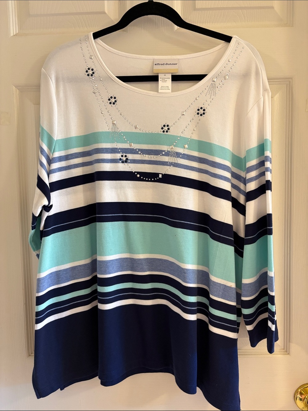 Alfred Dunner White, Aqua & Navy Striped Embellished Boatneck Top